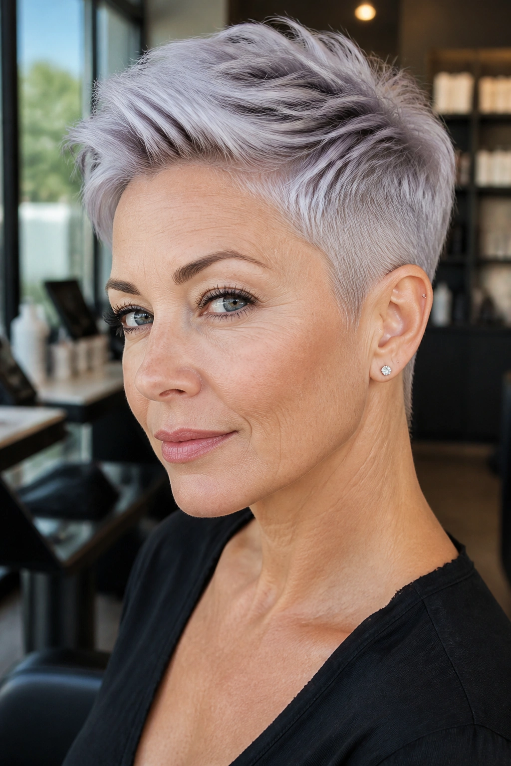 Close-up of a real woman with an icy silver pixie and cropped sides.