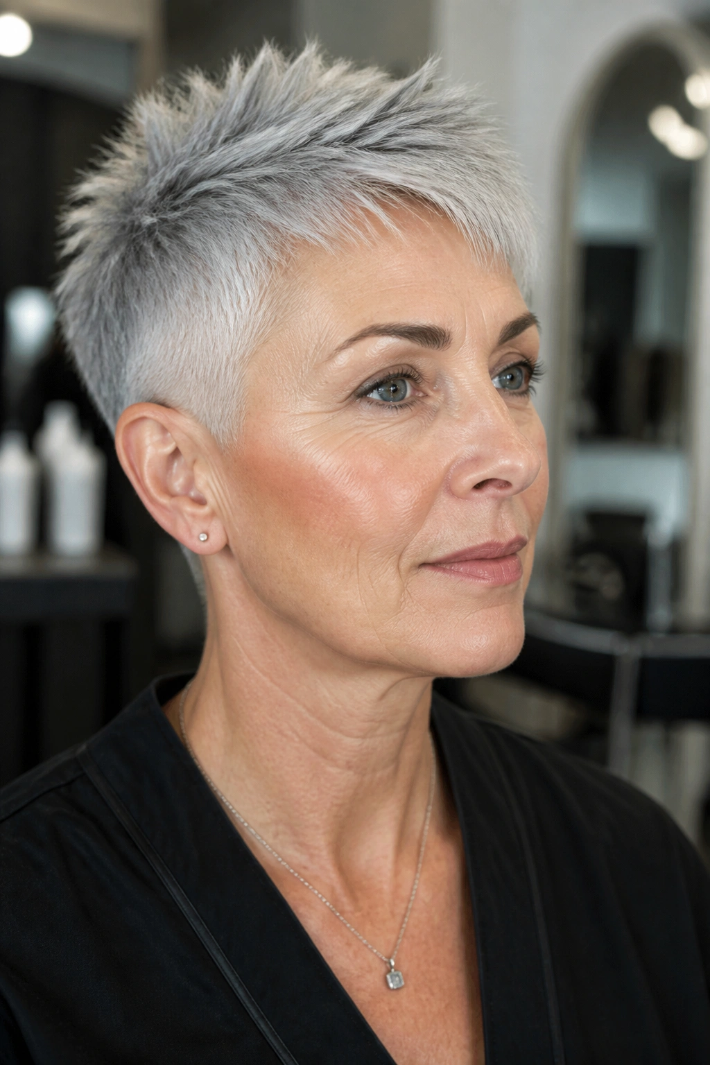 Close-up portrait of a real person with a silver pixie and sharp temples