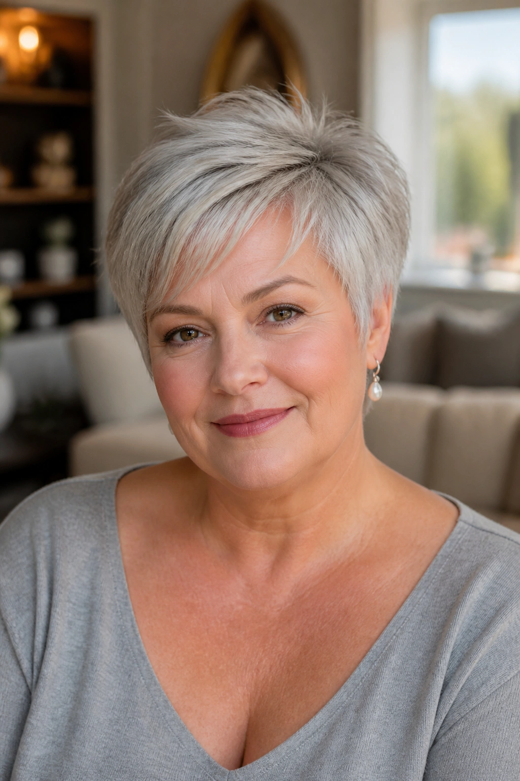 Real woman with silver pixie and soft layered texture in a warm-lit room.