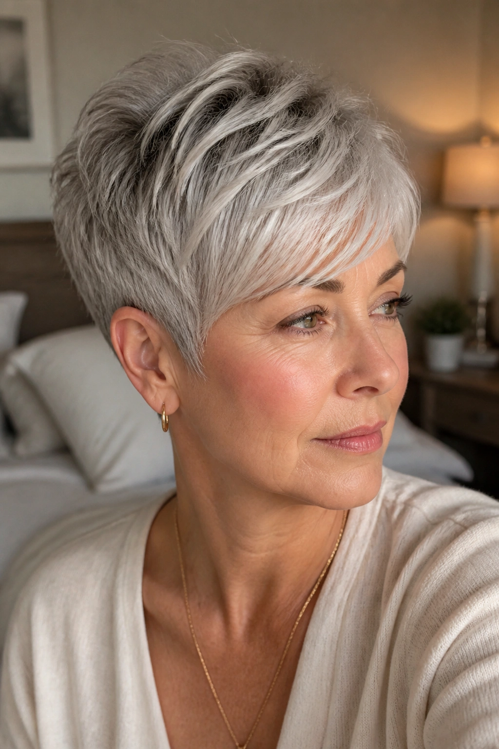 Close-up portrait of a real woman with a soft silver pixie and tapered nape in warm bedroom light.