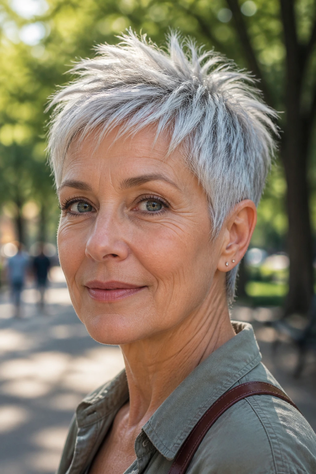 Close-up of a woman with a silver pixie featuring piecey texture.
