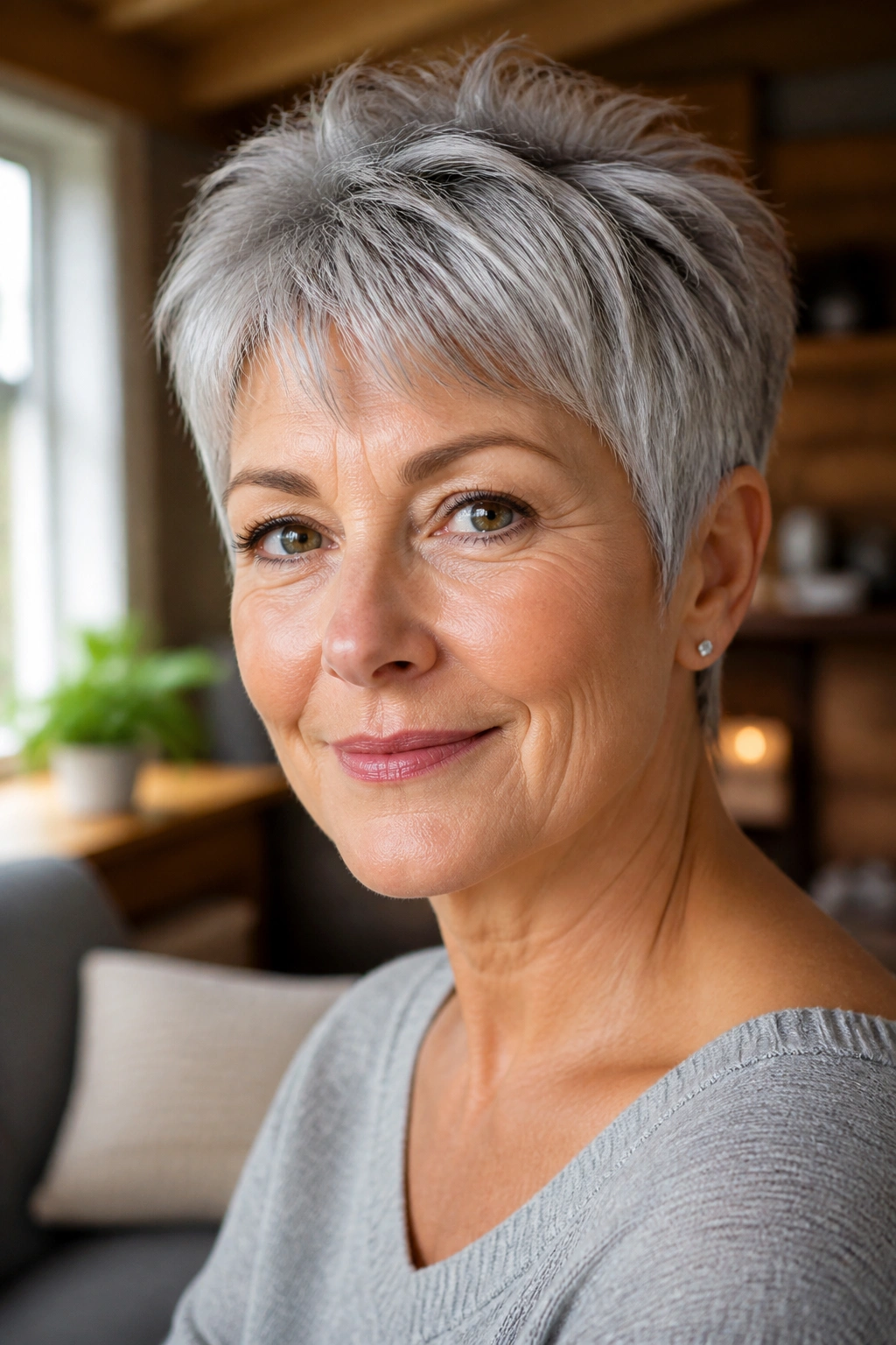 Close-up of a real woman with a silver pixie cut and soft texture