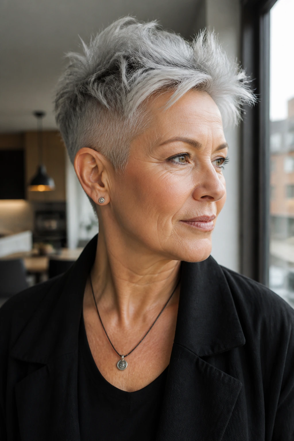 Portrait of a real woman with a silver pixie and undercut