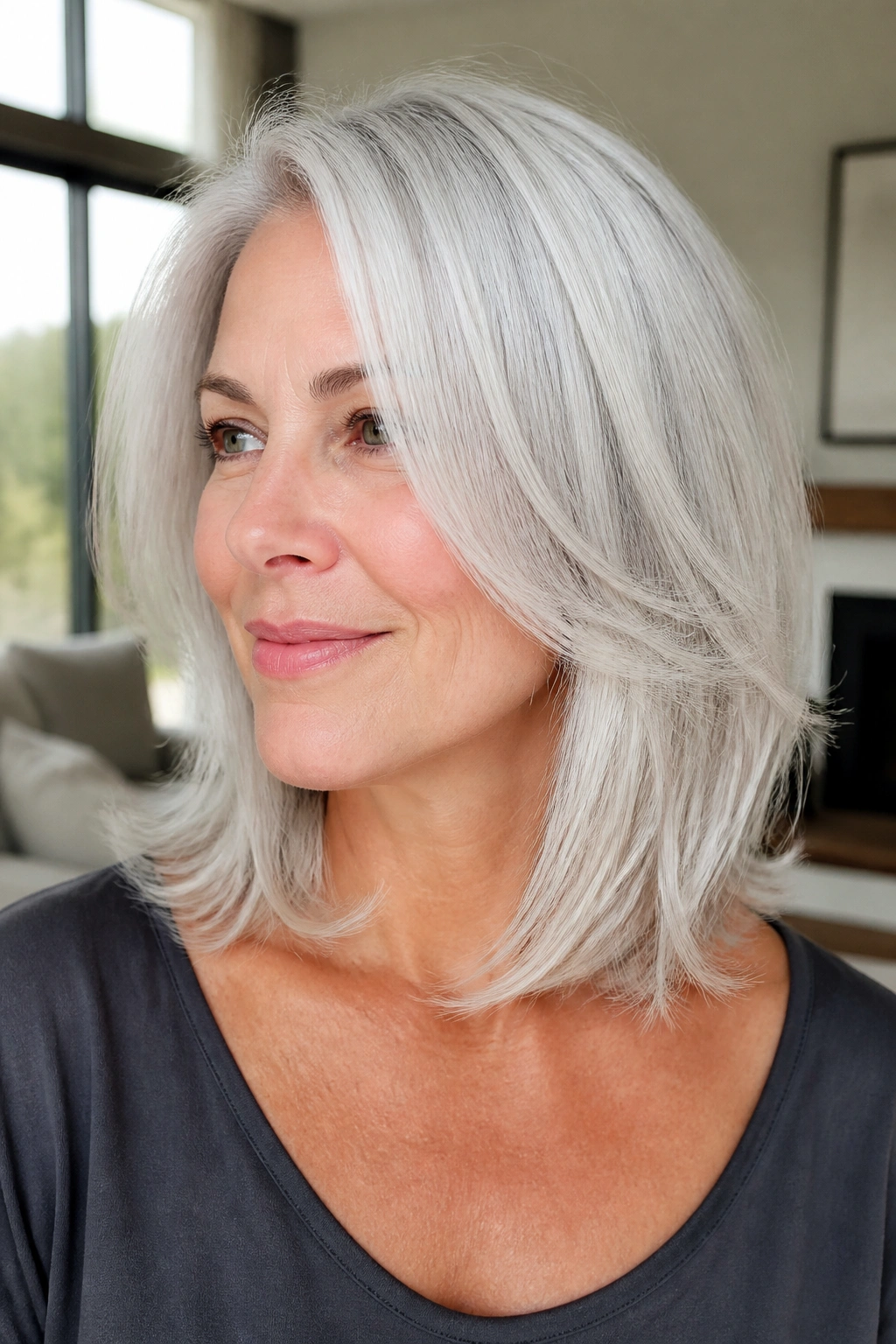 Close-up of a woman with a silver-platinum layered midi cut showing cool tones and movement