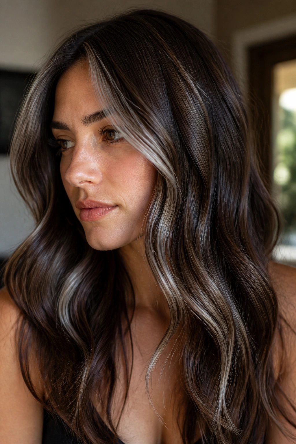 Portrait of a real person with silver ribbon highlights woven through loose waves.