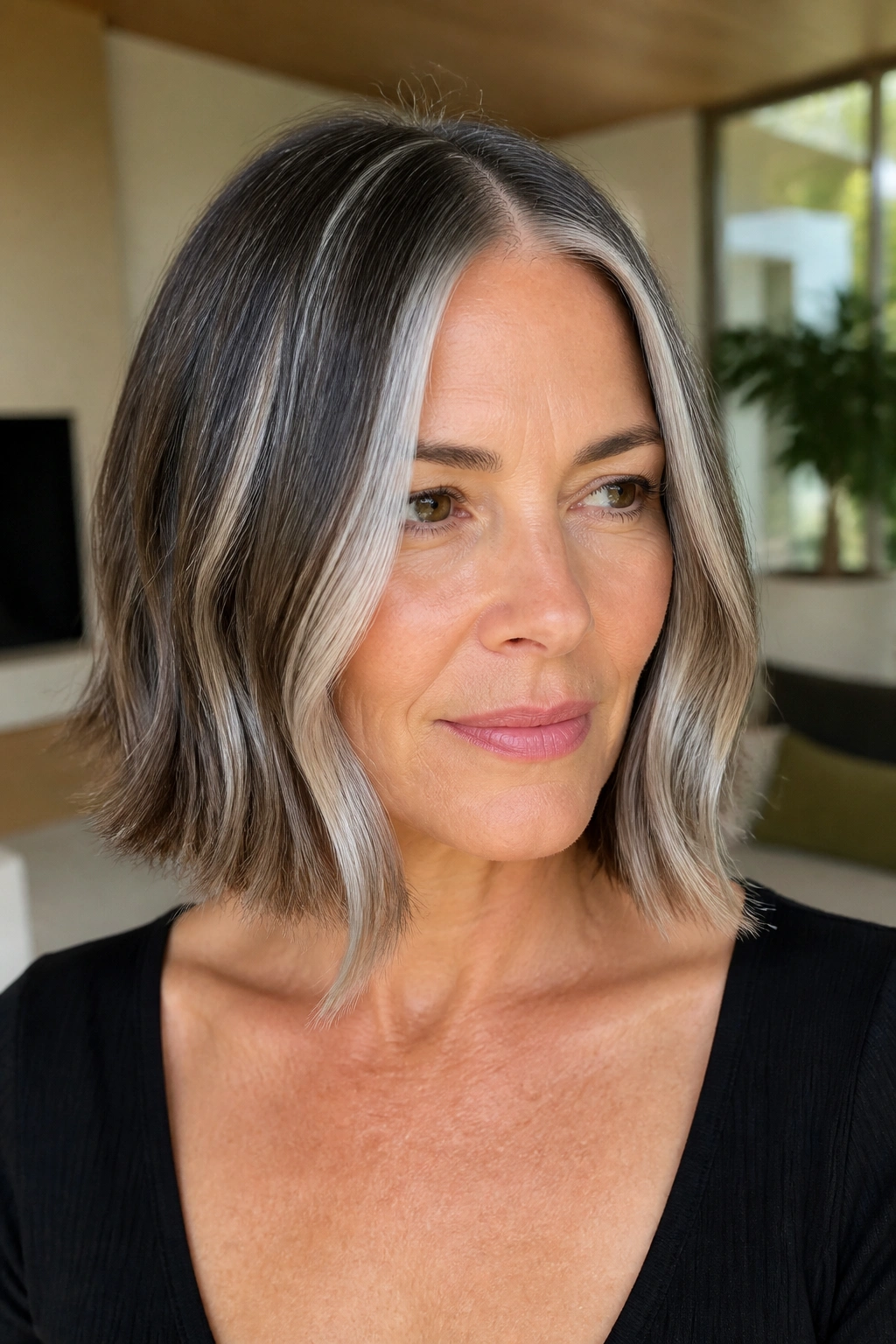 Close-up of real person showcasing silver ribbon highlights on a blunt lob.