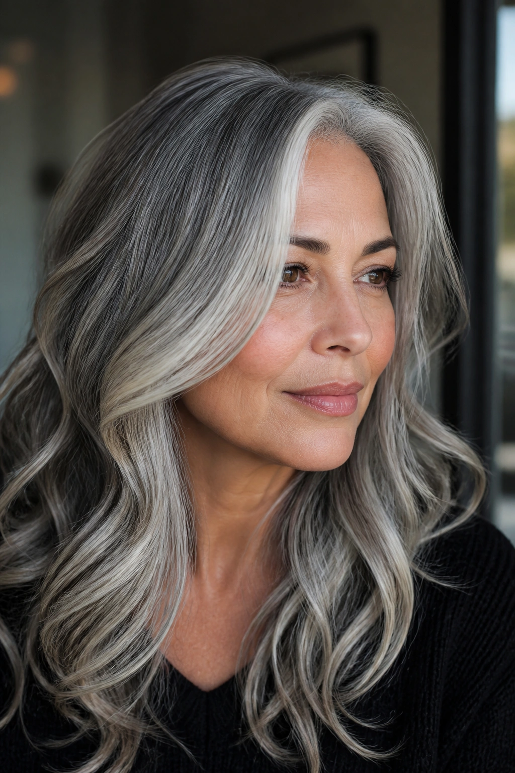 Close-up of a real woman with silver ribbons woven into gray hair
