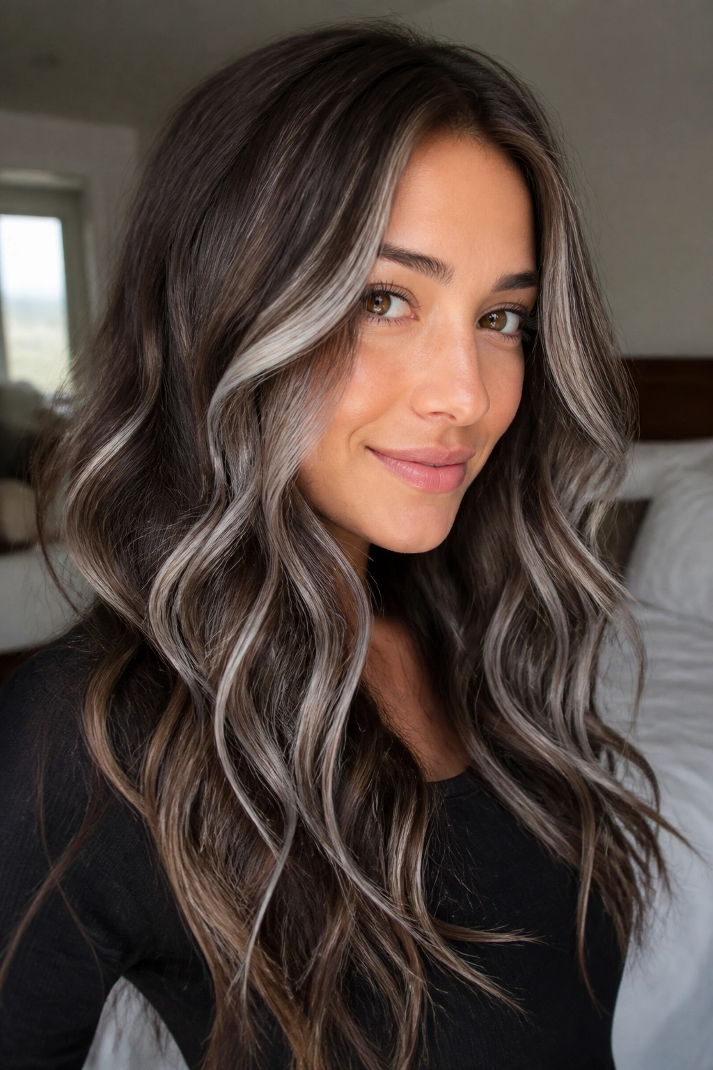 Close-up of a real woman's wavy brown hair with silver ribbons following the waves