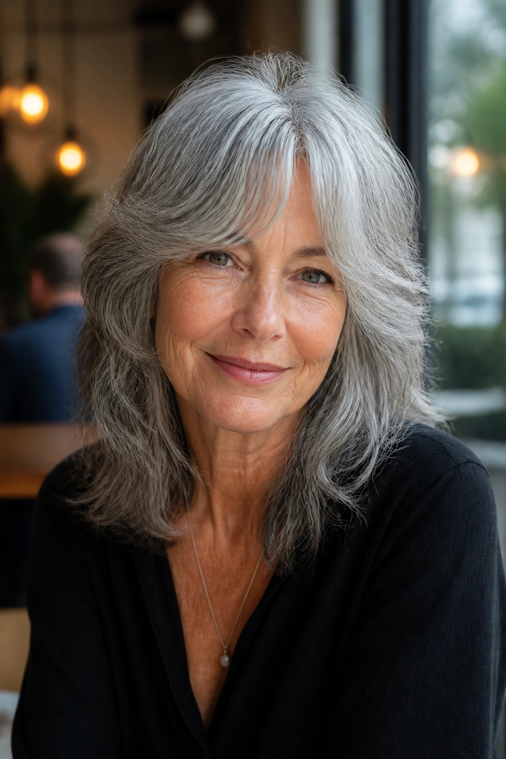 Portrait of a woman with silver shag and curtain bangs