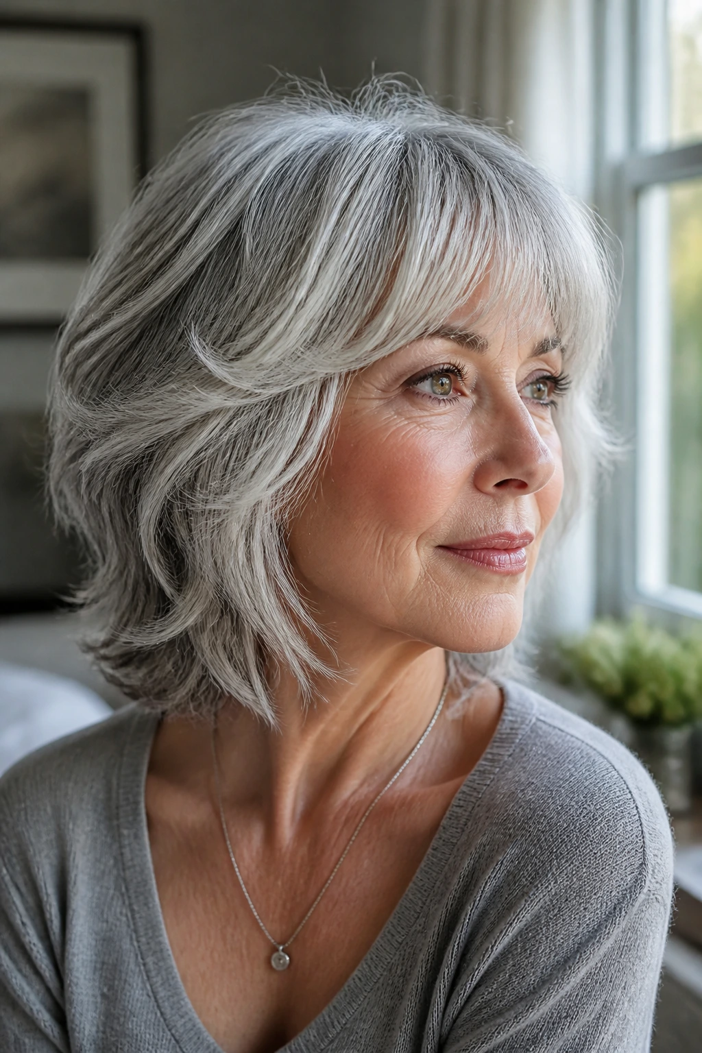 Close-up of a real woman with silver gray shag hairstyle.