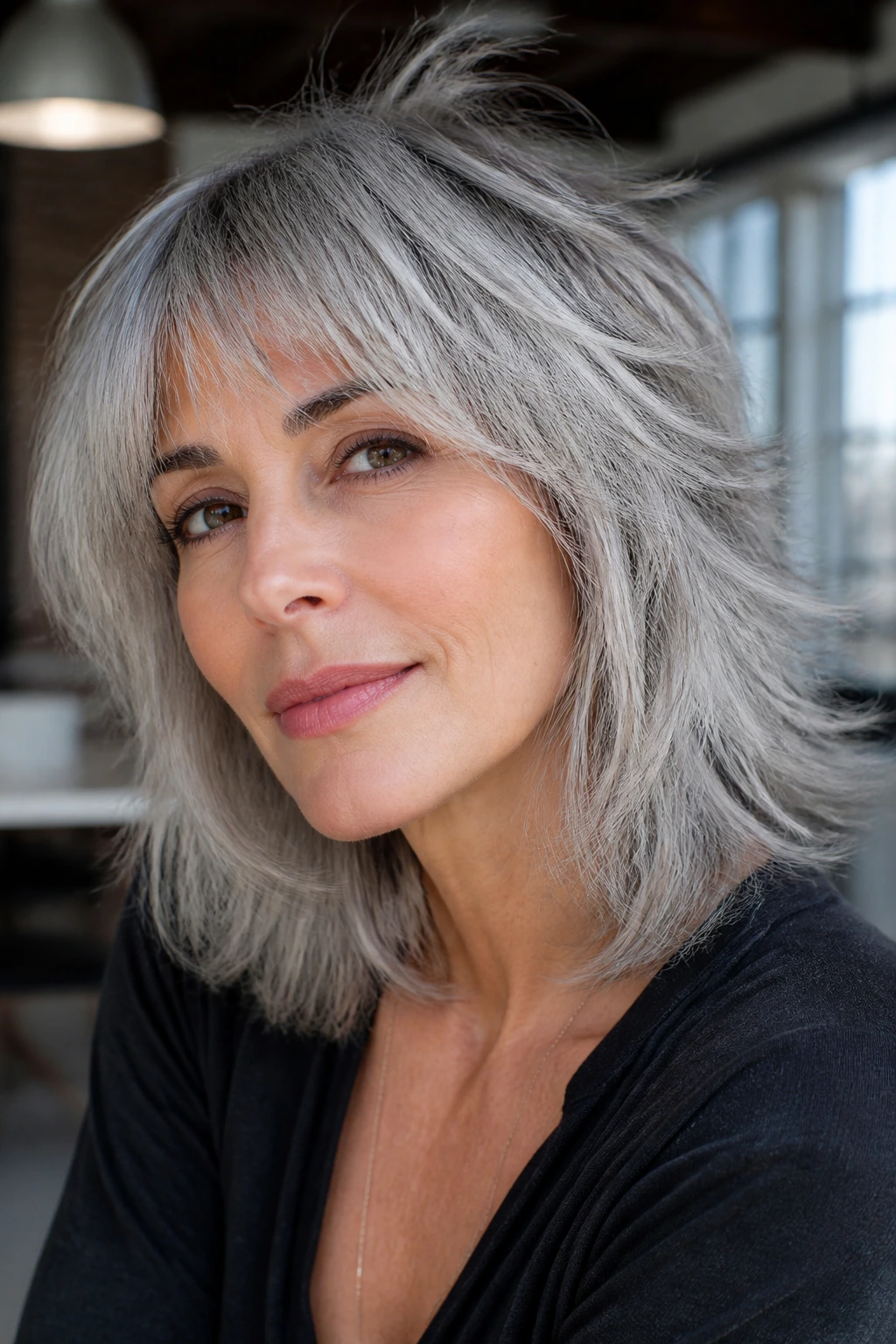 Real woman with textured silver shag hairstyle showing feathered layers.