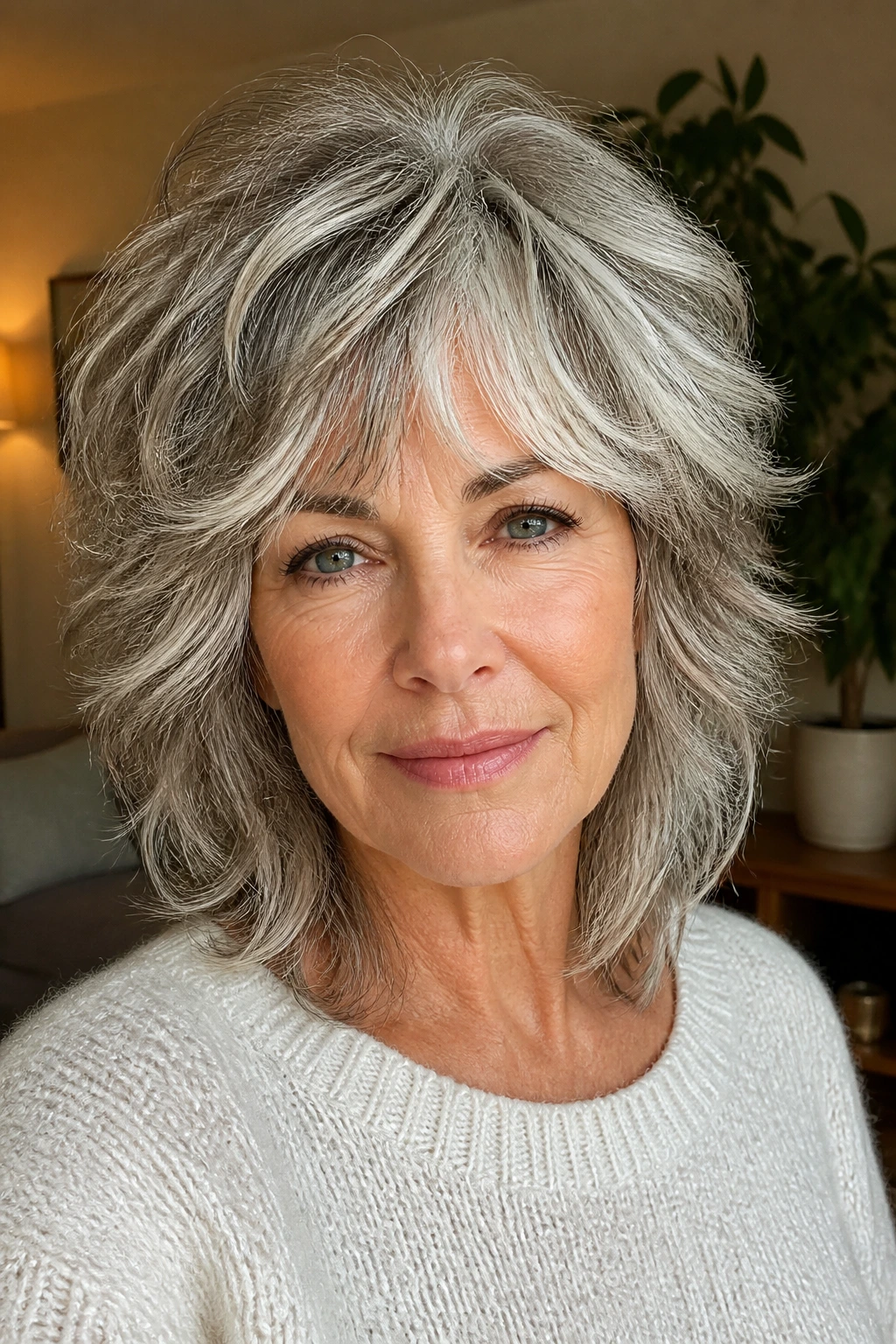 Close-up portrait of an older woman with silver-gray hair in a dimensional shag