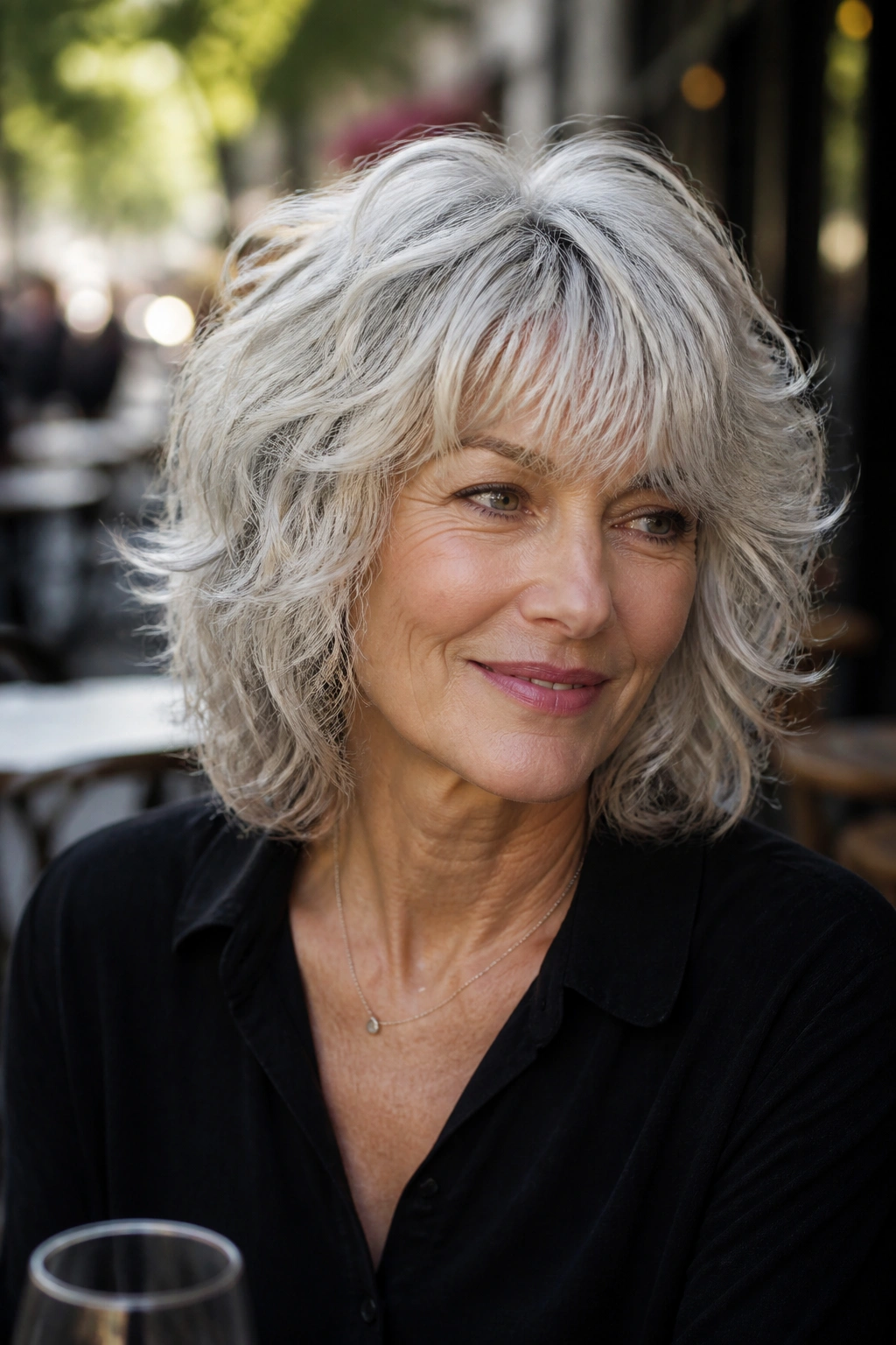 Portrait of a woman with silver shag and soft fringe outdoors.