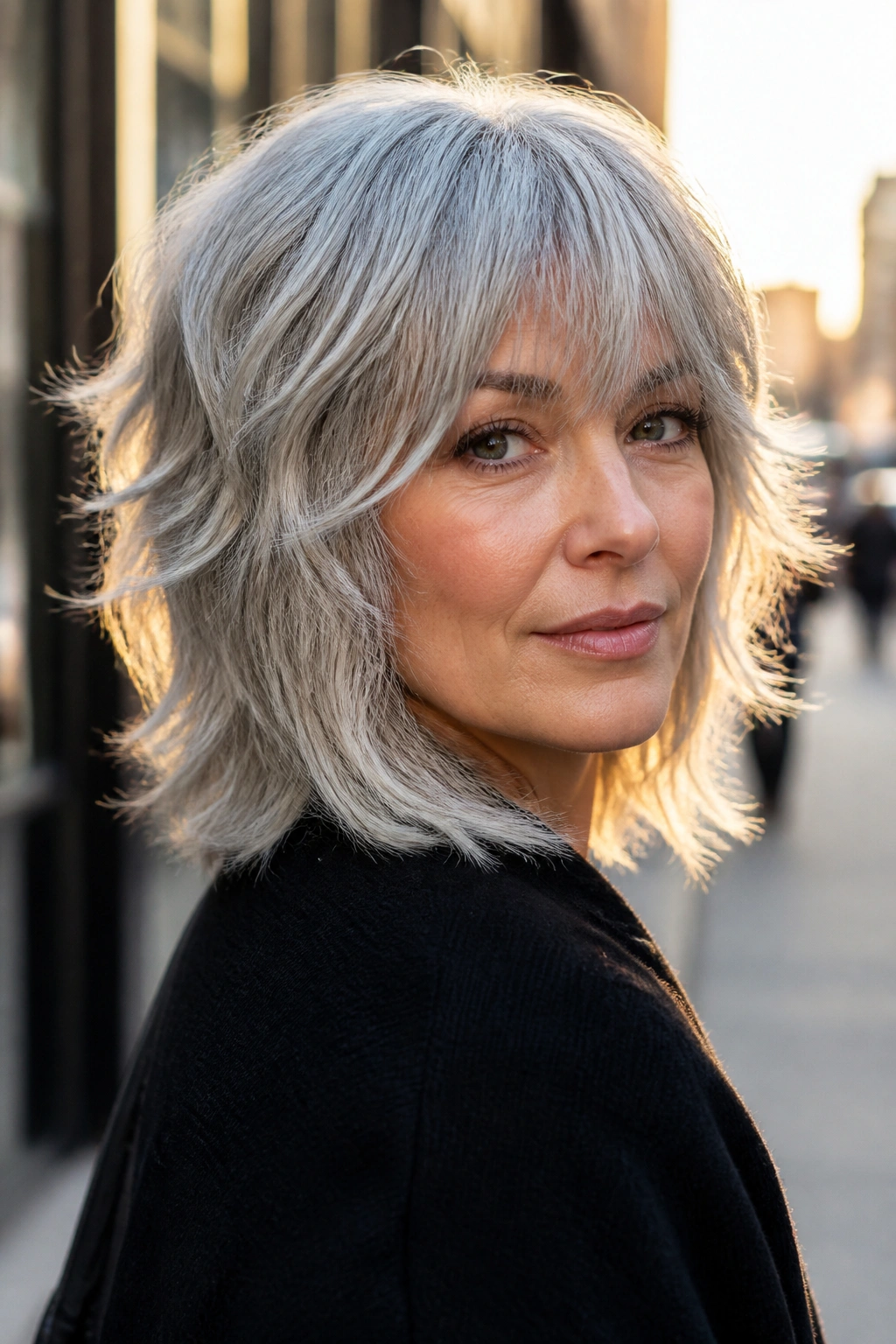 Close-up of a real woman with a silver shag and razored ends