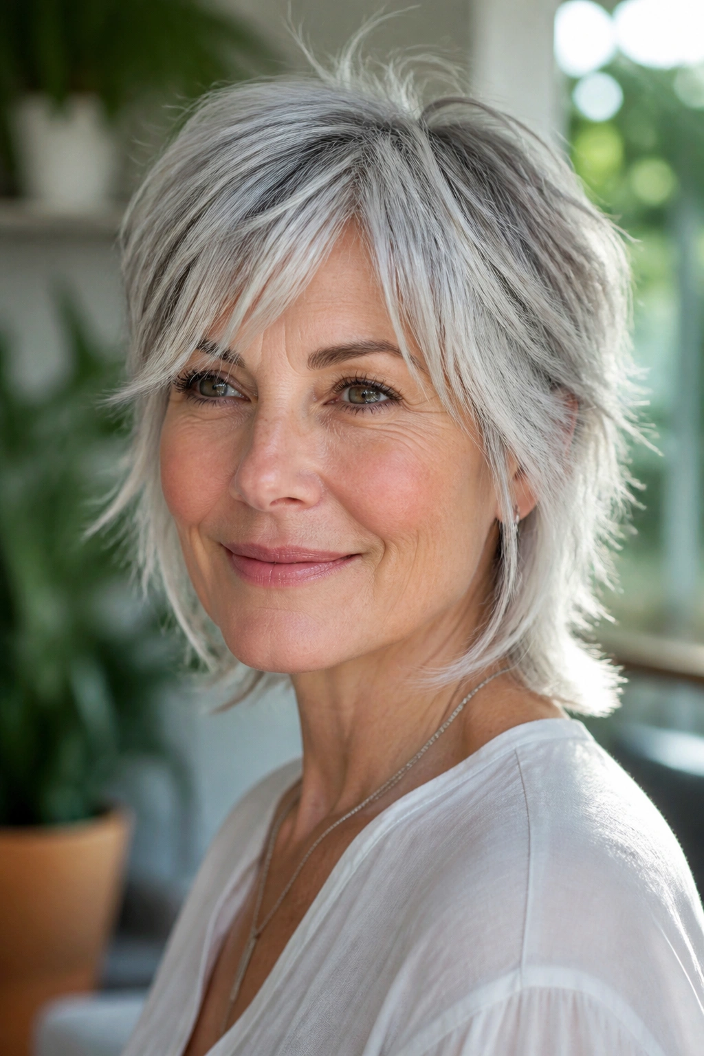 Close-up of a silver-haired woman with textured ends shag