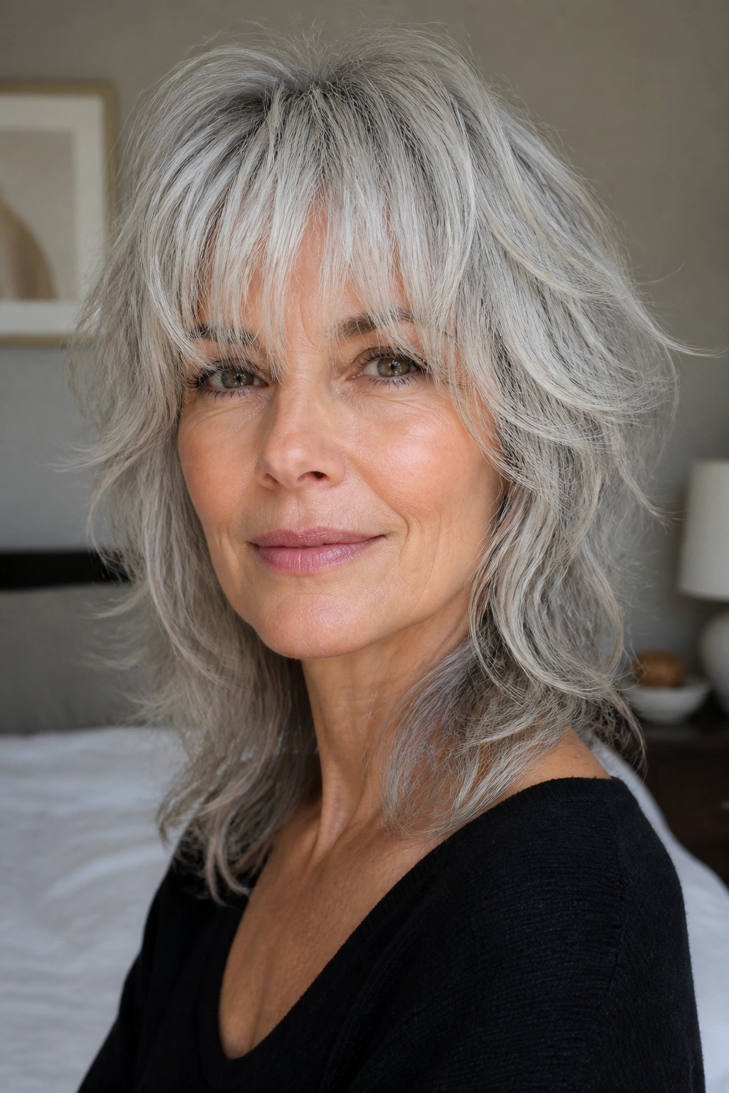 Close-up of real woman with silver shag and wispy bangs in soft bedroom light