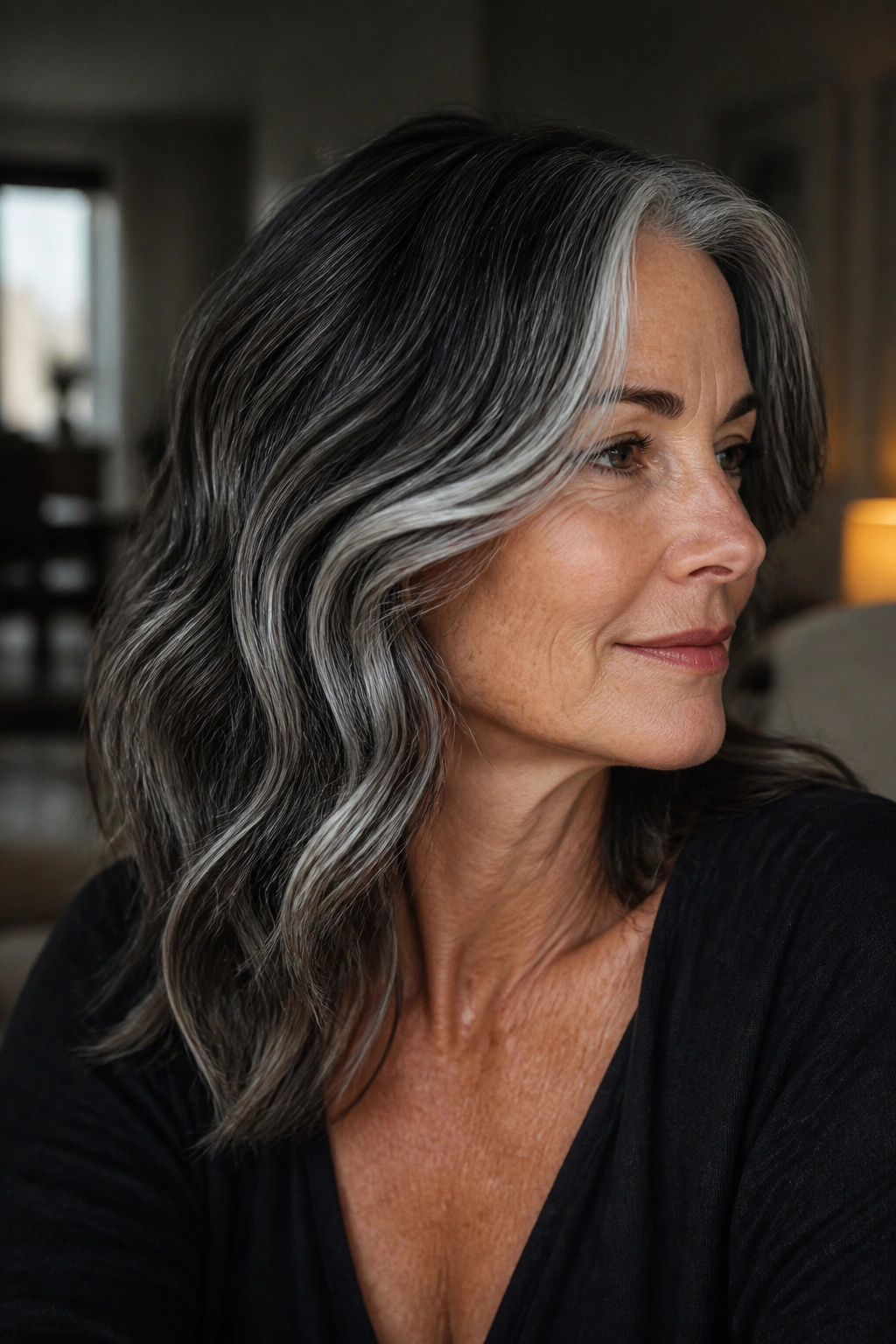 Close-up of a real woman with silver smoke streaks in wavy hair under soft dusk light