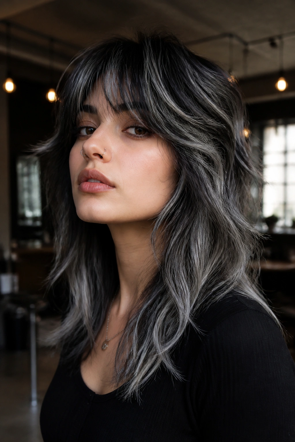 Close-up portrait of a real woman with silver smoke highlights on black base wolf cut.