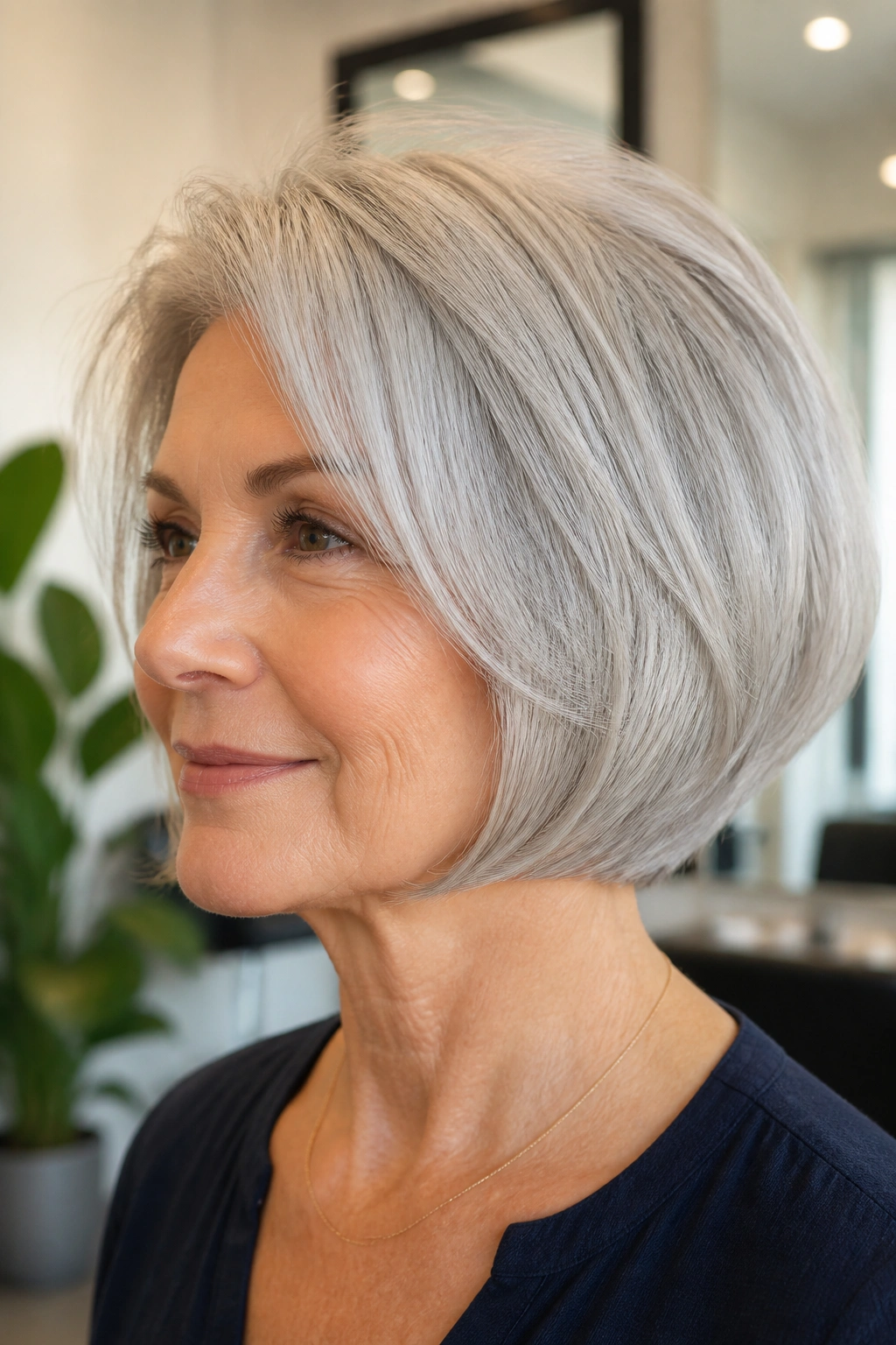 Close-up of a real woman with a silver stacked bob and beveled ends in a bright salon