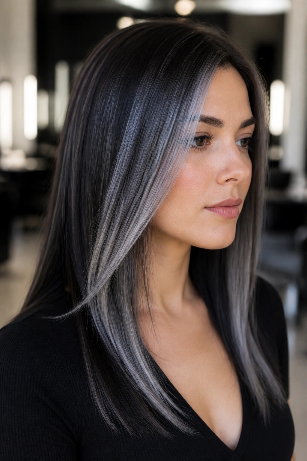 Close-up portrait of a real person with charcoal brunette hair and silvery smoke streaks in cool lighting