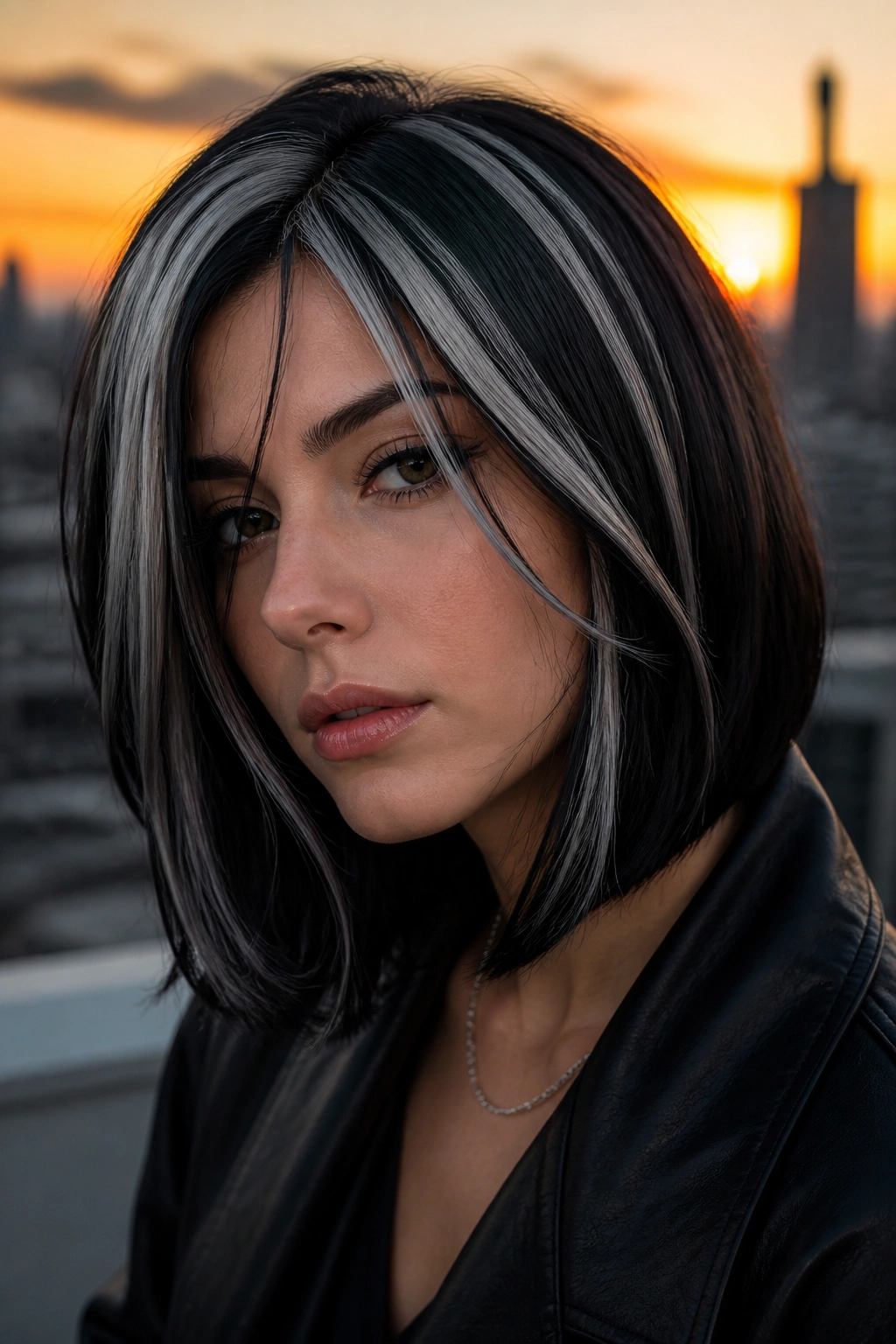 Portrait of a person with charcoal black hair and silver streaks catching sunset light