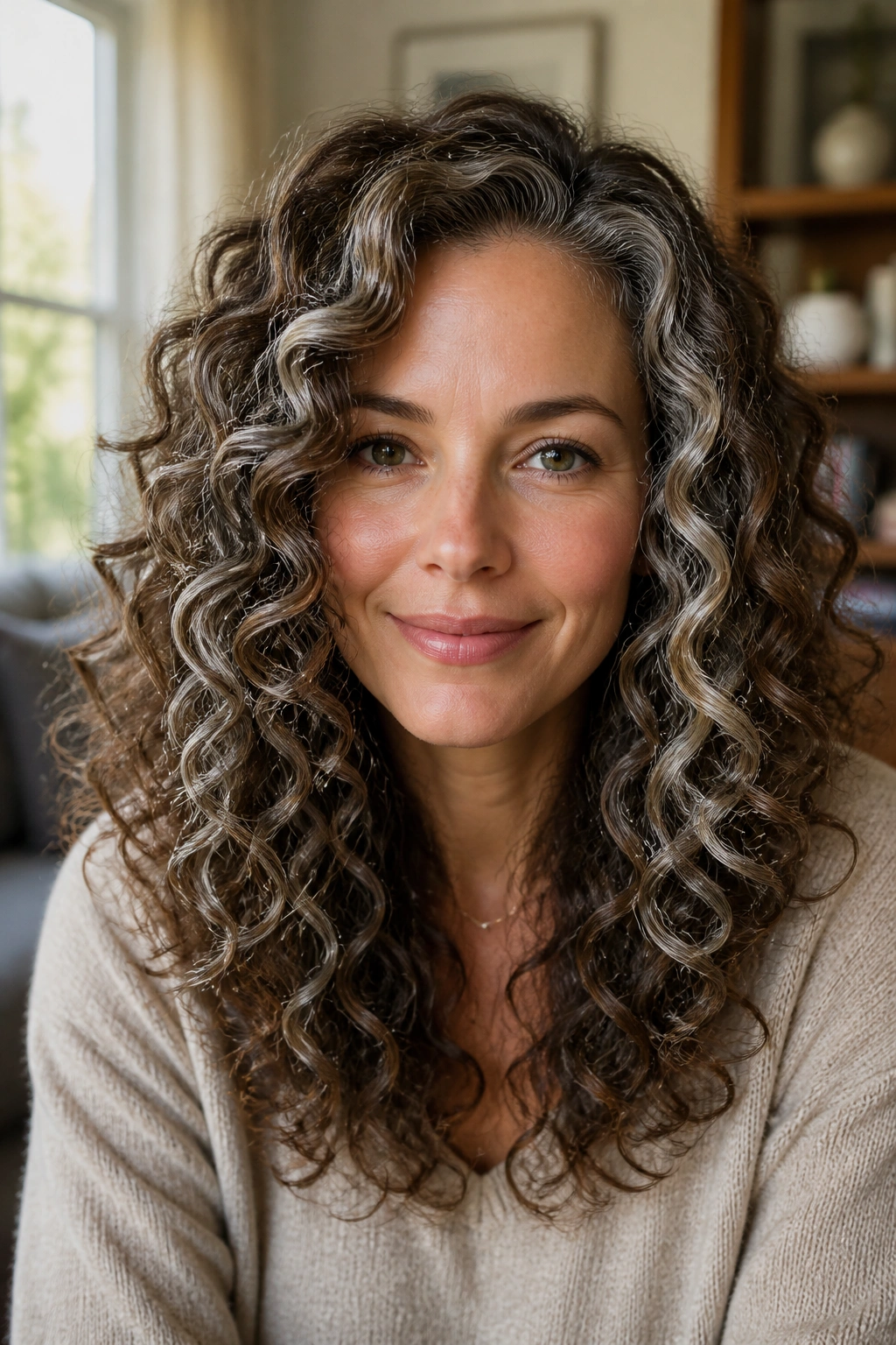 Close-up portrait of curly brown hair with silver streaks on the outer curve of curls.