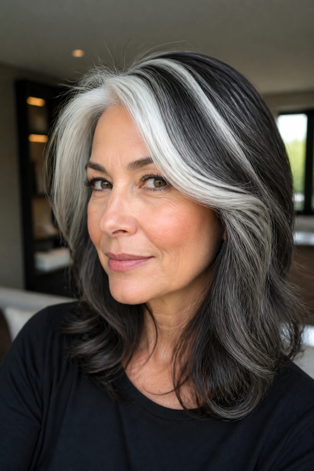 Close-up of a woman with high-contrast silver streaks in hair