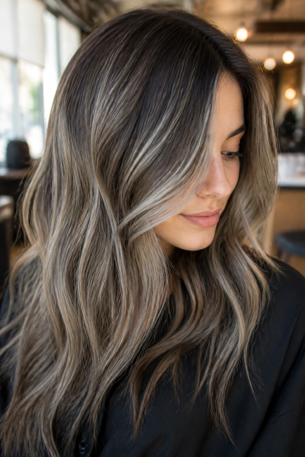 Close-up of brown hair with silver teasylights and soft root blur in a sunlit salon