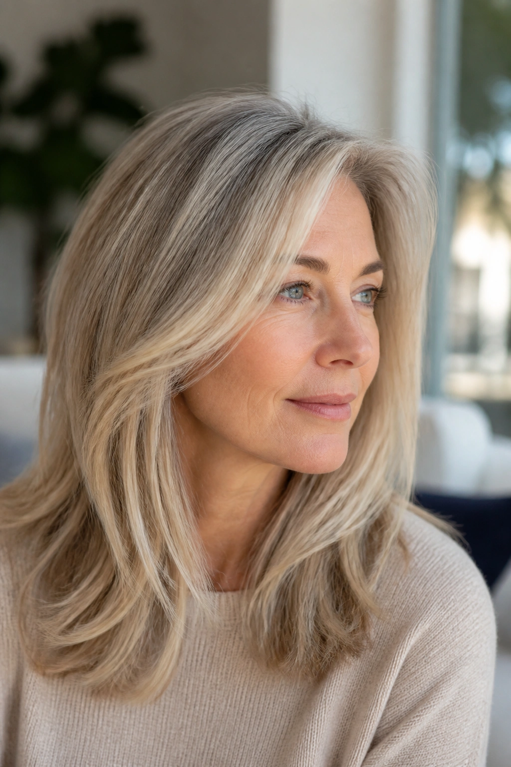 Close-up portrait of a real woman with silver-threaded blonde hair