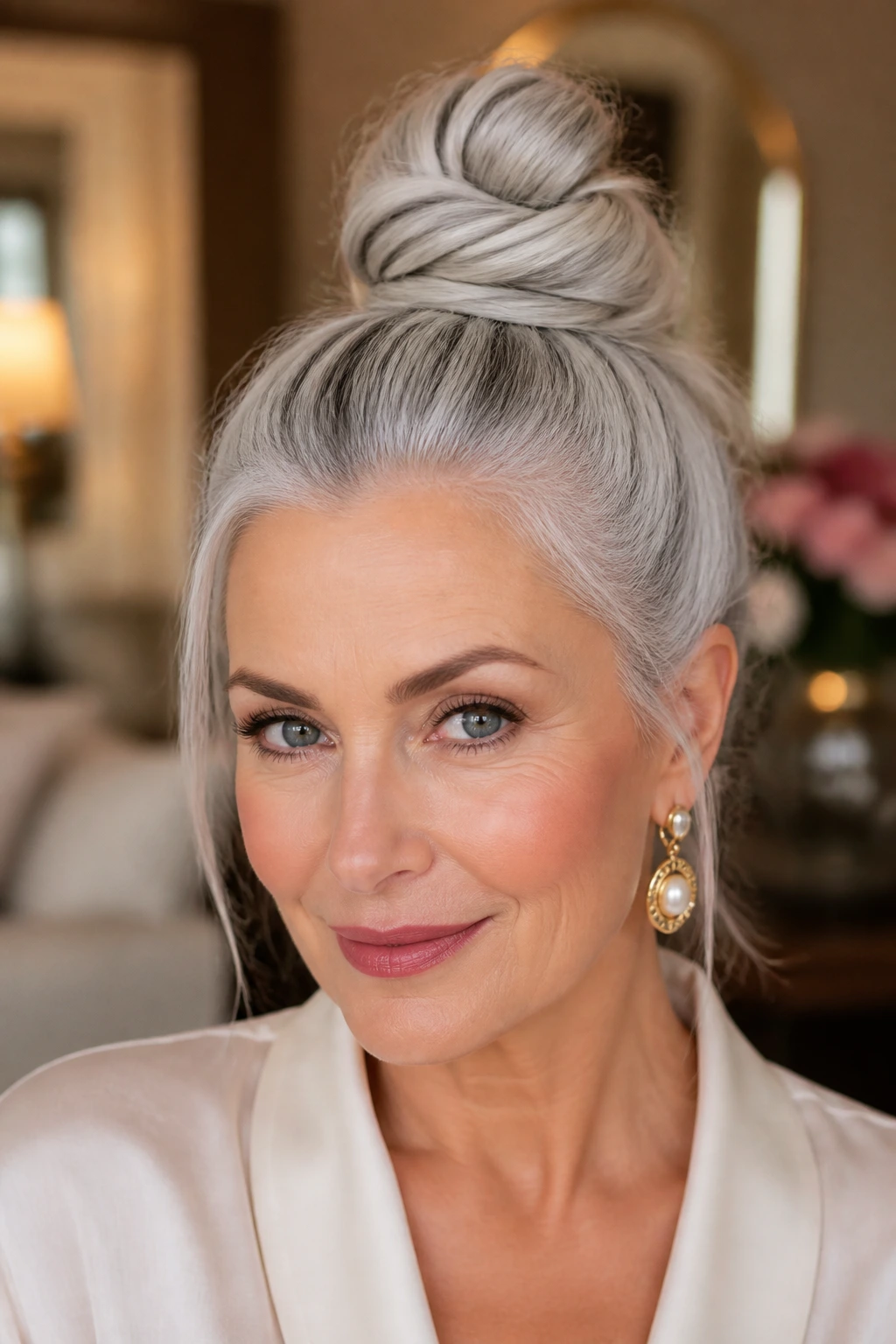 Close-up of a real person with a silver top knot hairstyle