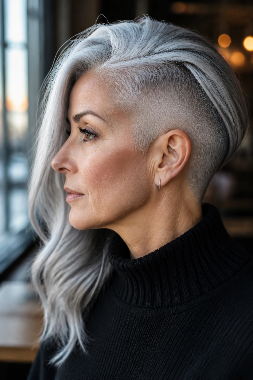 Side-profile of a real woman with a dramatic silver undercut visible at the nape.