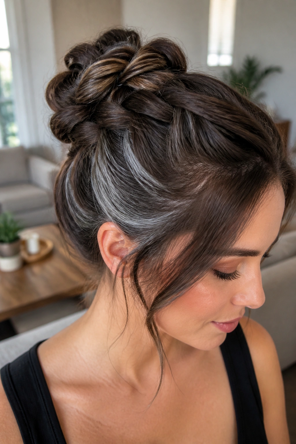 Close-up of updo hairstyle with silver underlights visible in lower hair layers.