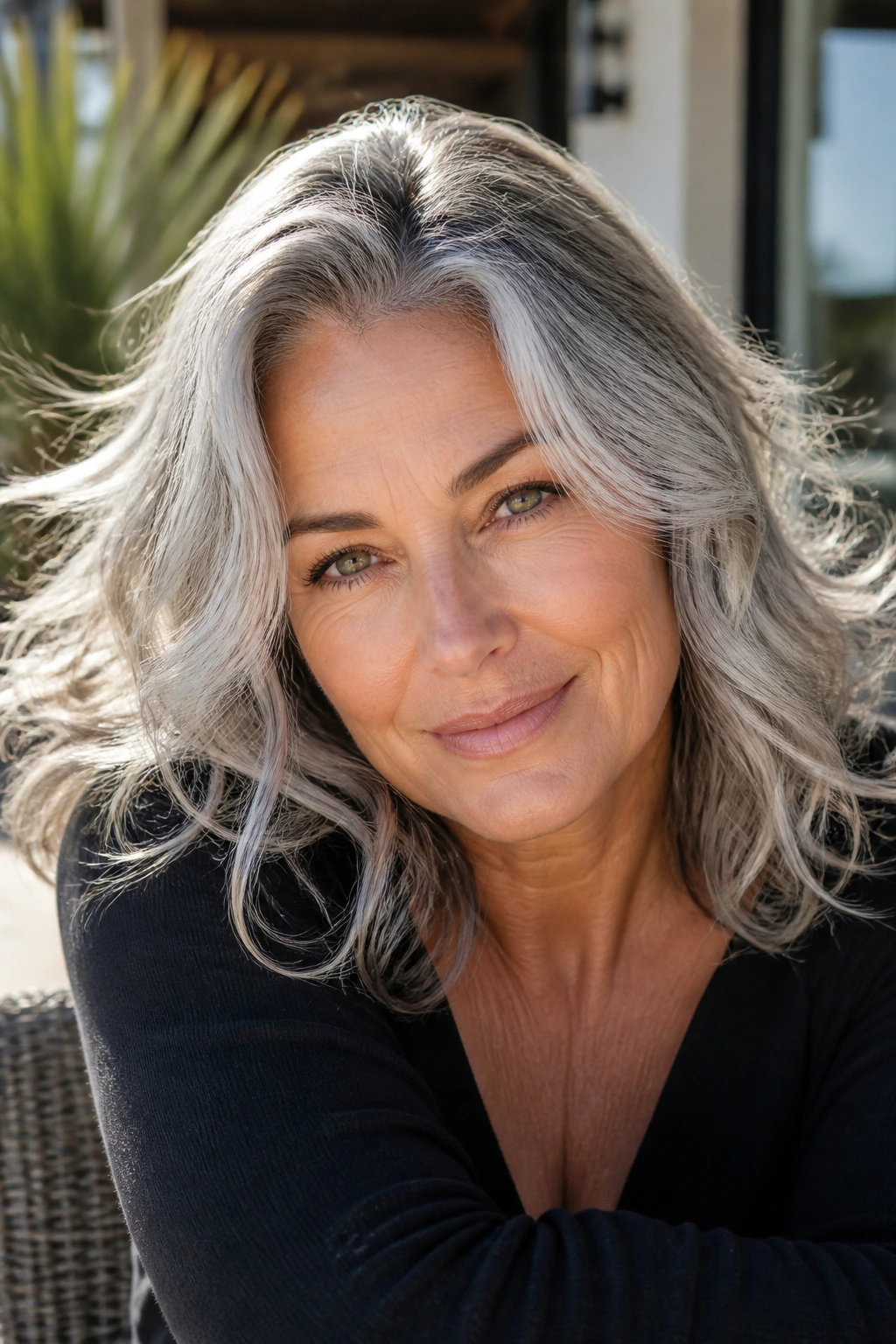 Close-up of a real woman with silver waves and darker roots outdoors