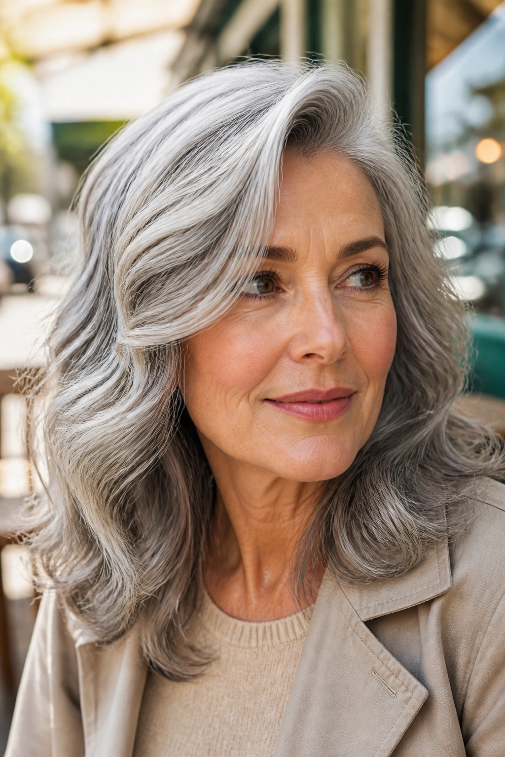 Close-up portrait of a woman with soft silver waves and deep side part in natural light