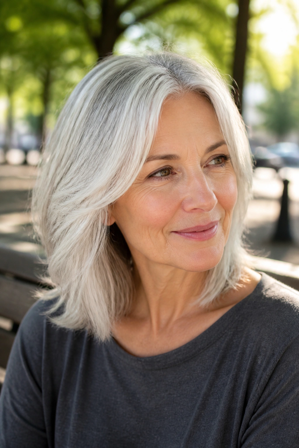 Close-up of a real woman with a silver-white layered lob hairstyle