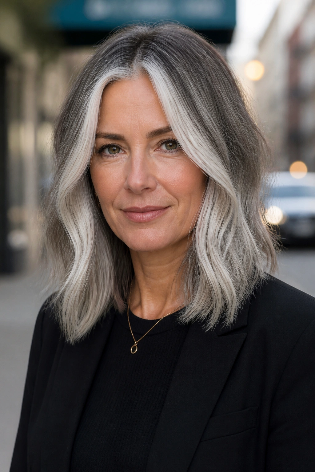 Close-up of real woman with silver-white face-framing money piece