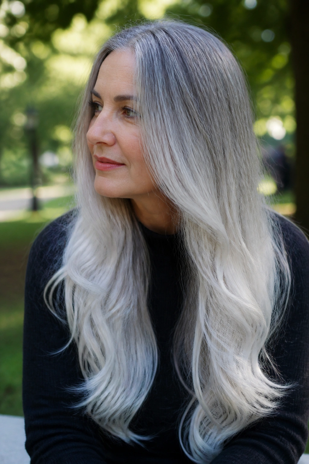 Portrait of long grey hair with root-to-tip silver-white ombré.