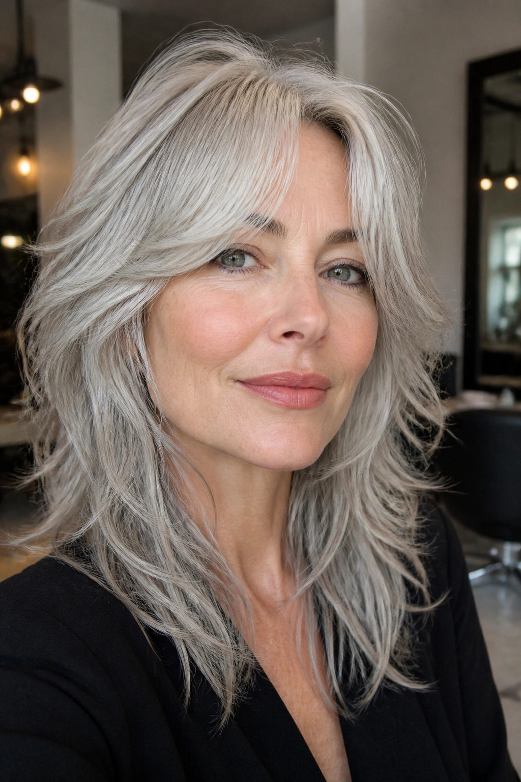 Close-up portrait of a real person with silver wolf cut and soft curtain bangs