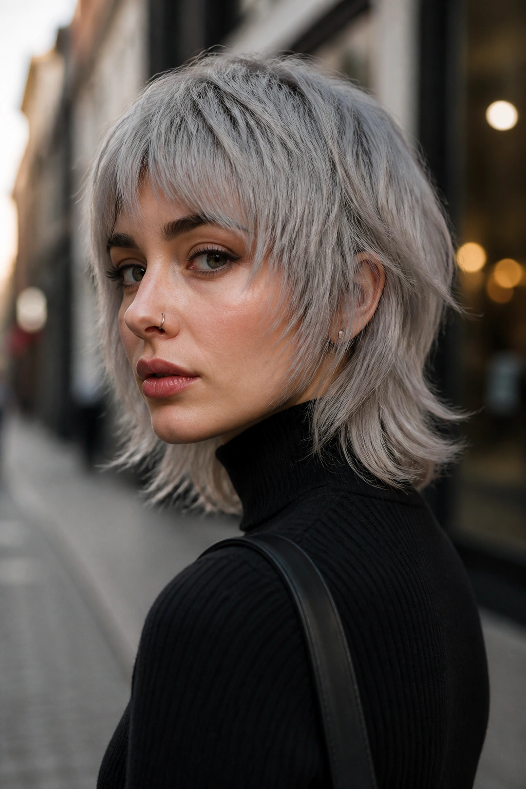 Real person with silver wolf cut showing textured layers.