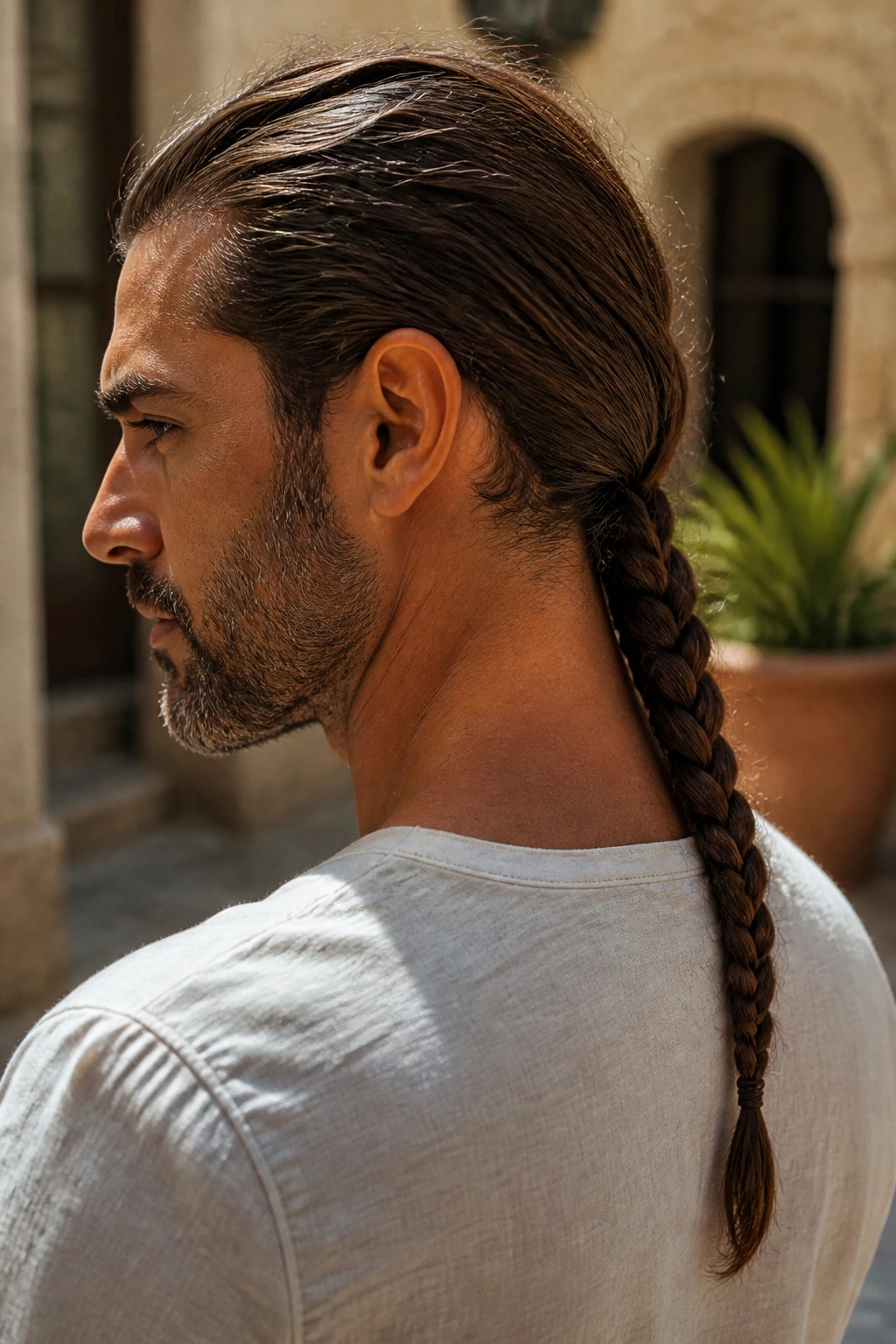 Man with a single braid down the back