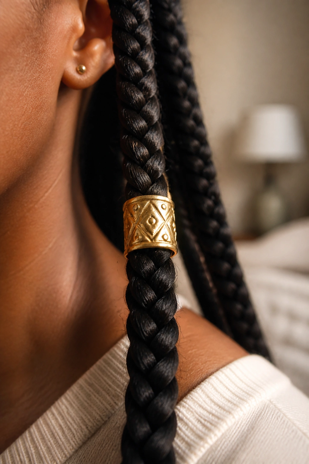 Close-up of a single hair cuff on a braided strand on a real person.