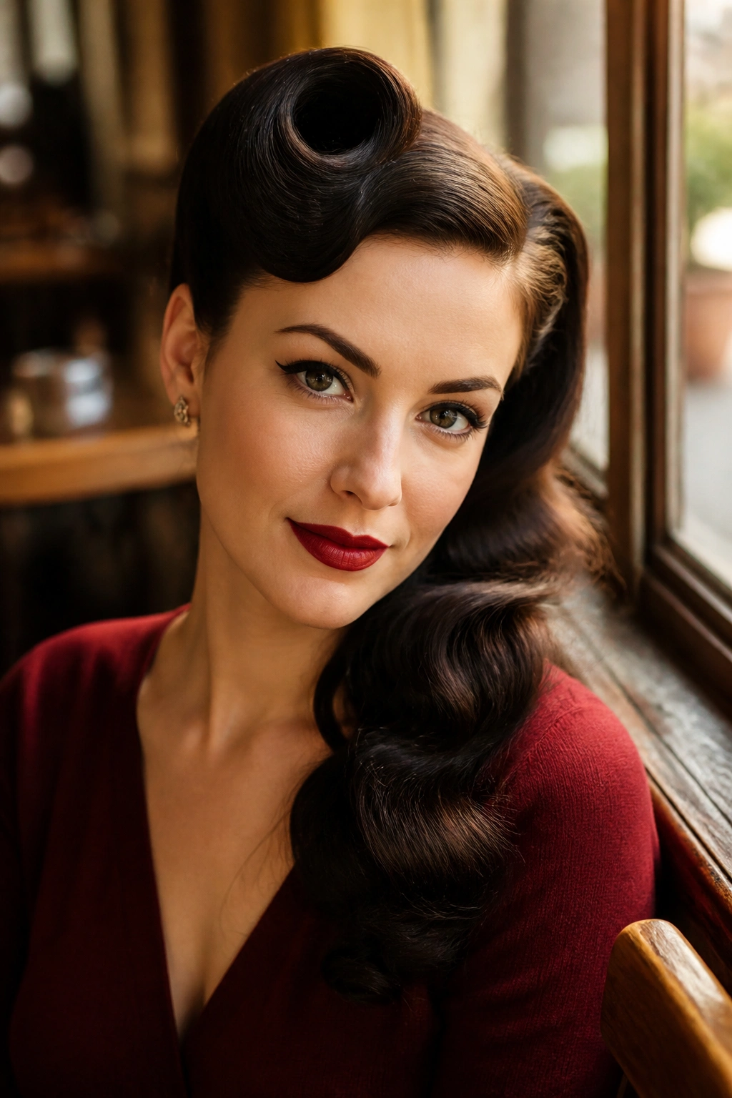 Close-up portrait of a woman with a single side victory roll and soft waves.