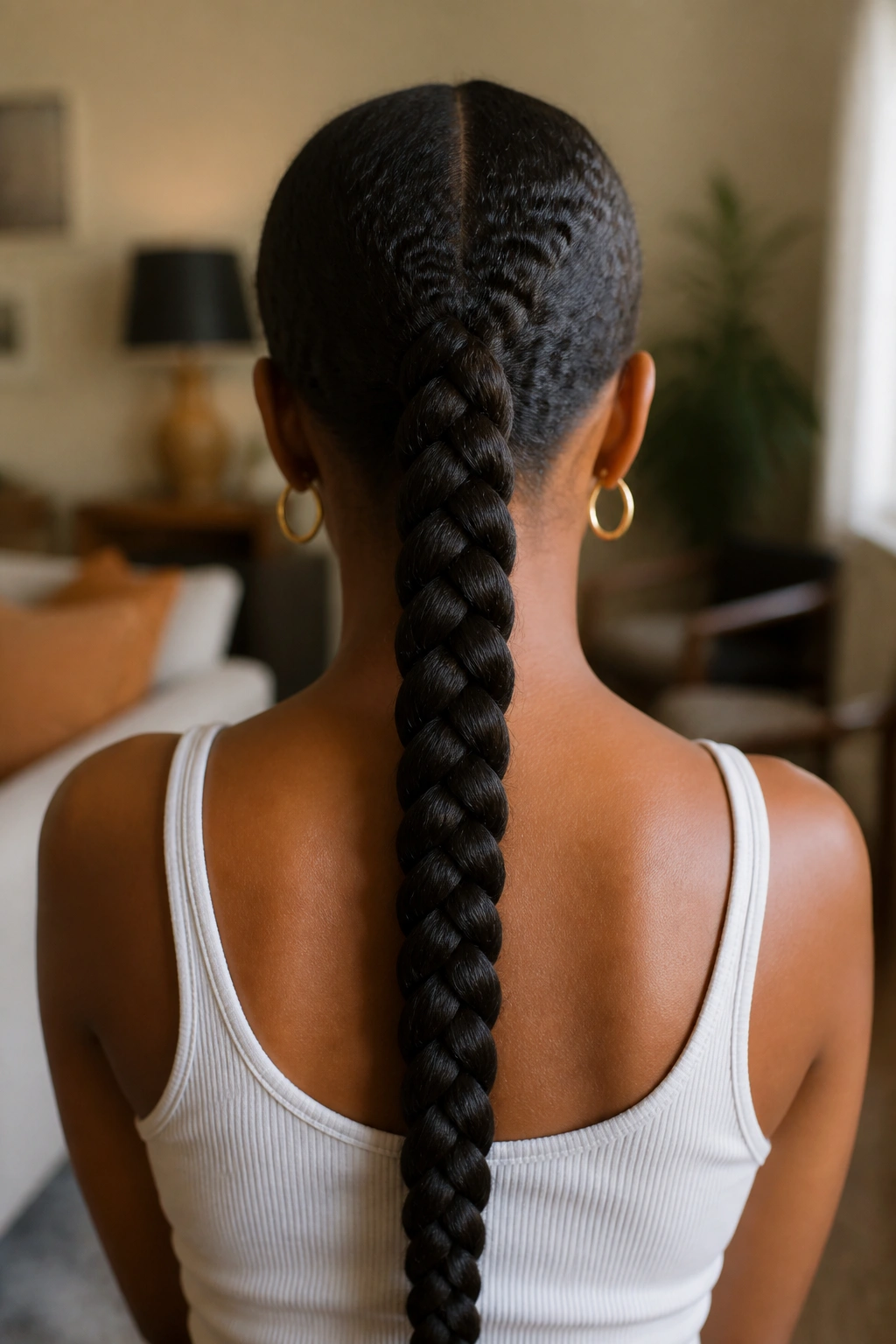Medium close-up of a single thick braid down the back on a real woman