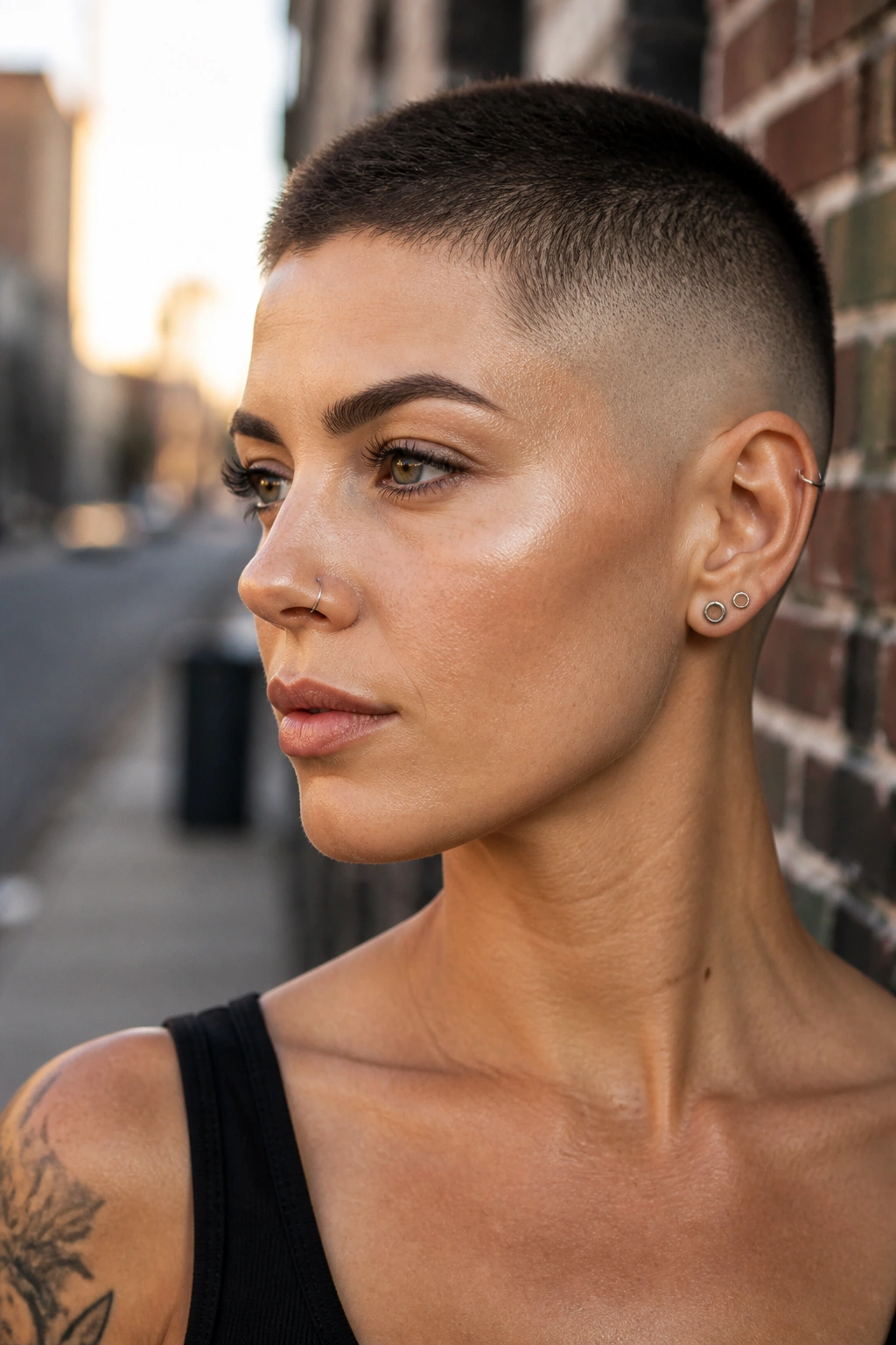 Portrait of a woman with a skin-fade buzz cut in an urban setting.