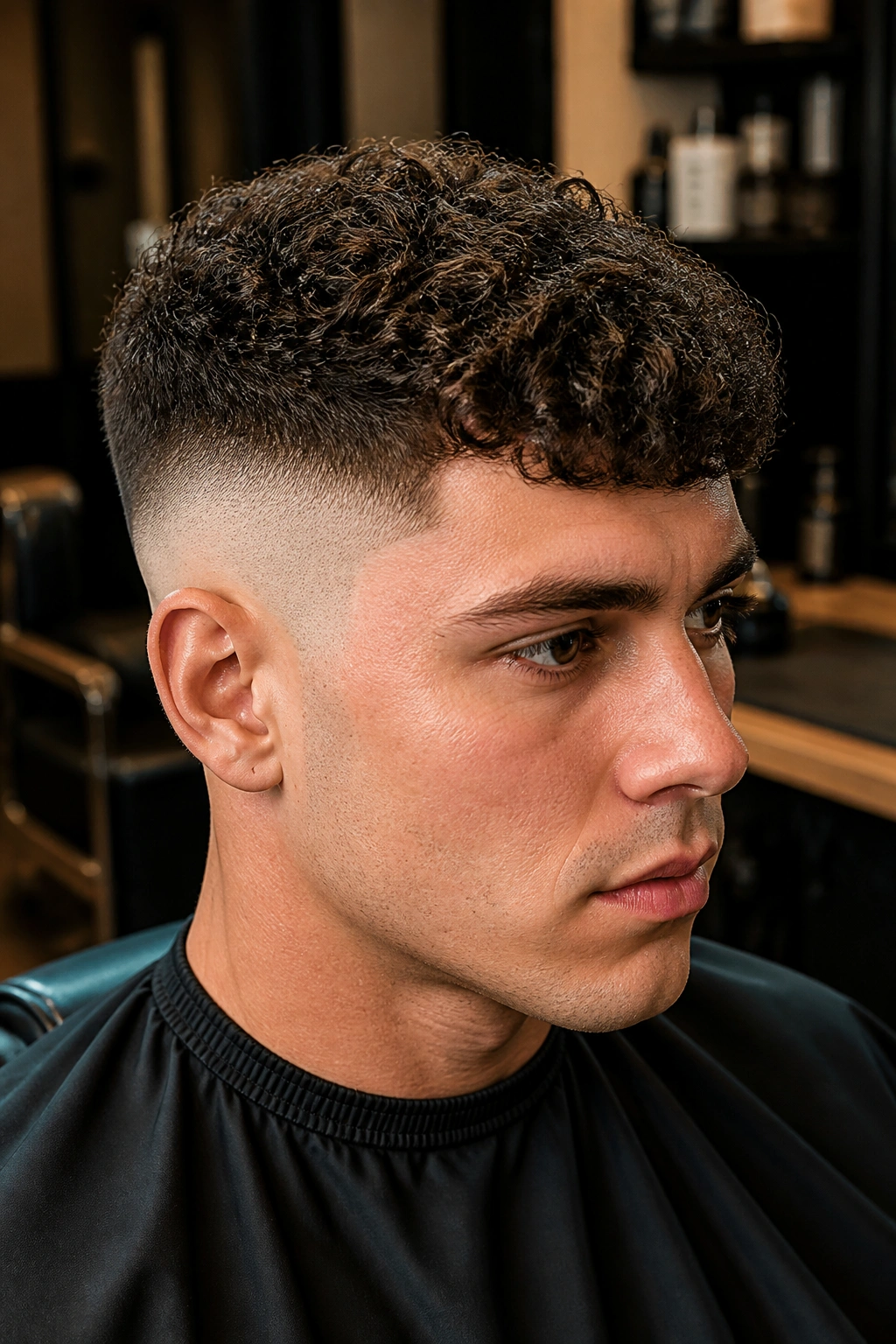 Close-up portrait of a man with a skin fade curly crop showing sharp contrast on shaved sides.