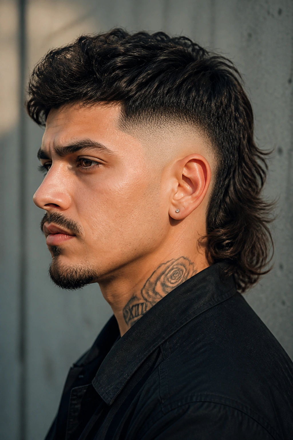 Close-up portrait of a man with a skin fade mullet and long rear section