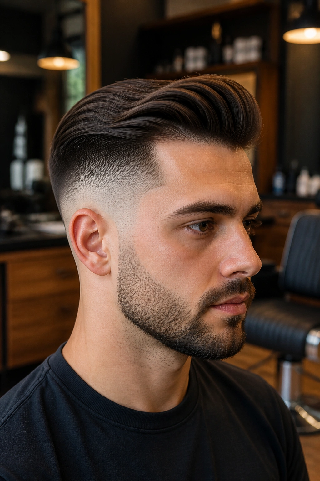 Close-up of a man with a skin fade undercut in barbershop