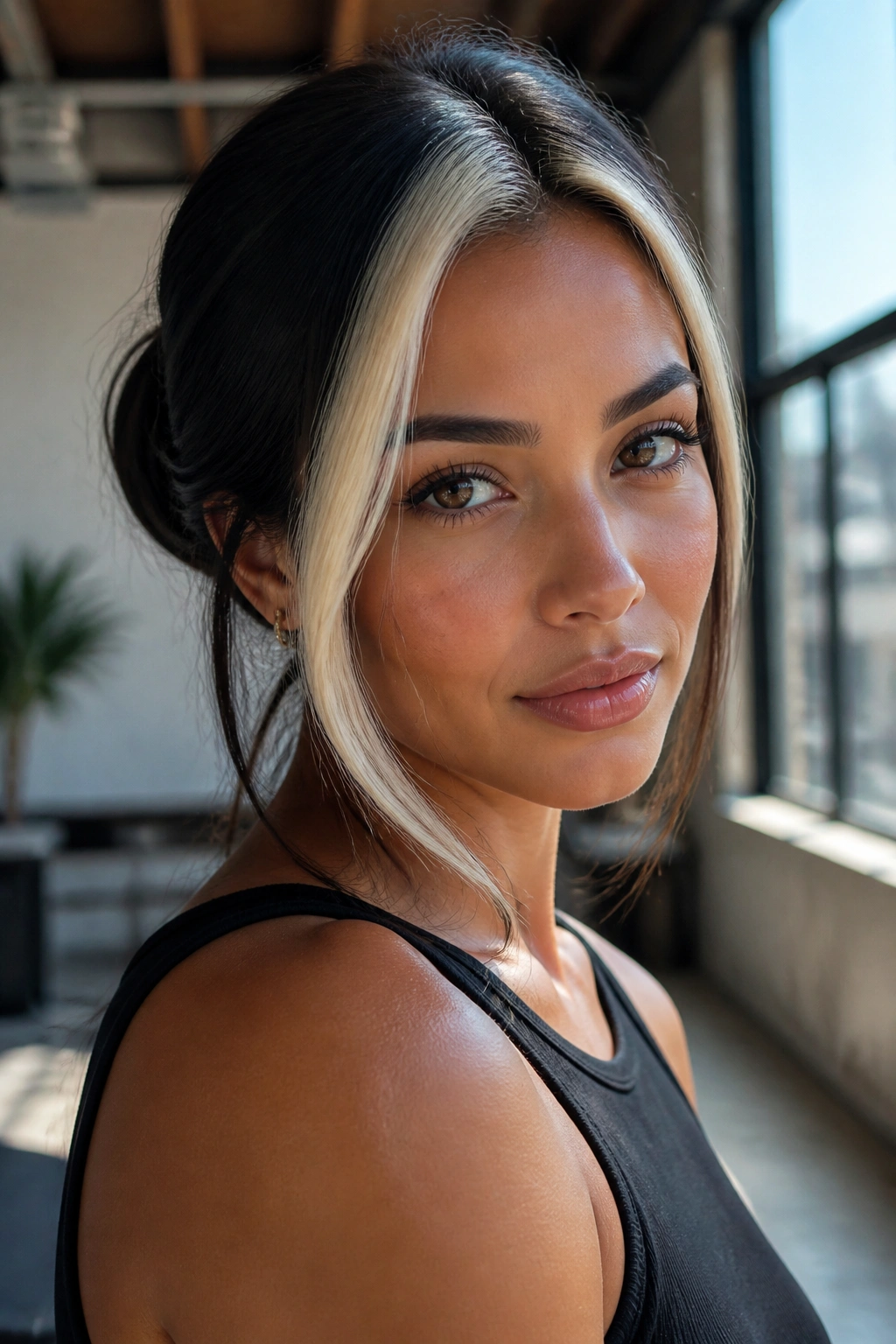 Close-up of a real woman showing a bold front money piece on dark hair