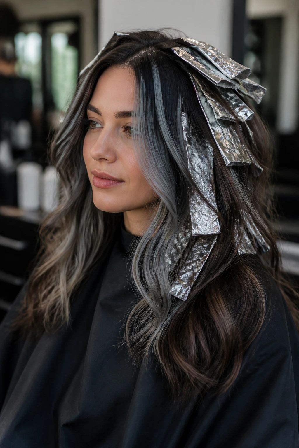 Medium close-up of a real woman with slate ribbon highlights in dark brown hair