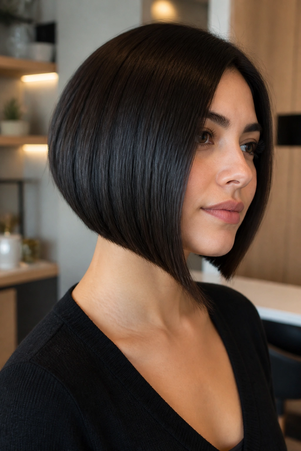 Portrait of a real person with a sleek A-line bob in a modern interior